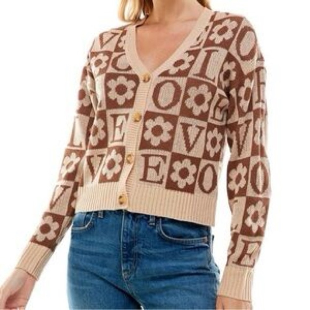Ultra Flirt brown/tan blocked LOVE lightweight cardigan sweater small